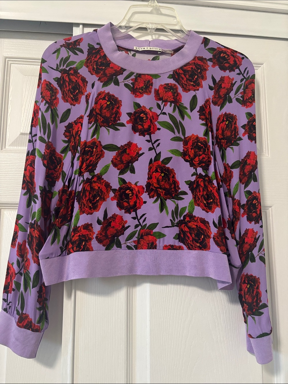 Alice + Olivia Lavender Crewneck Sweatshirt with Red Rose Print